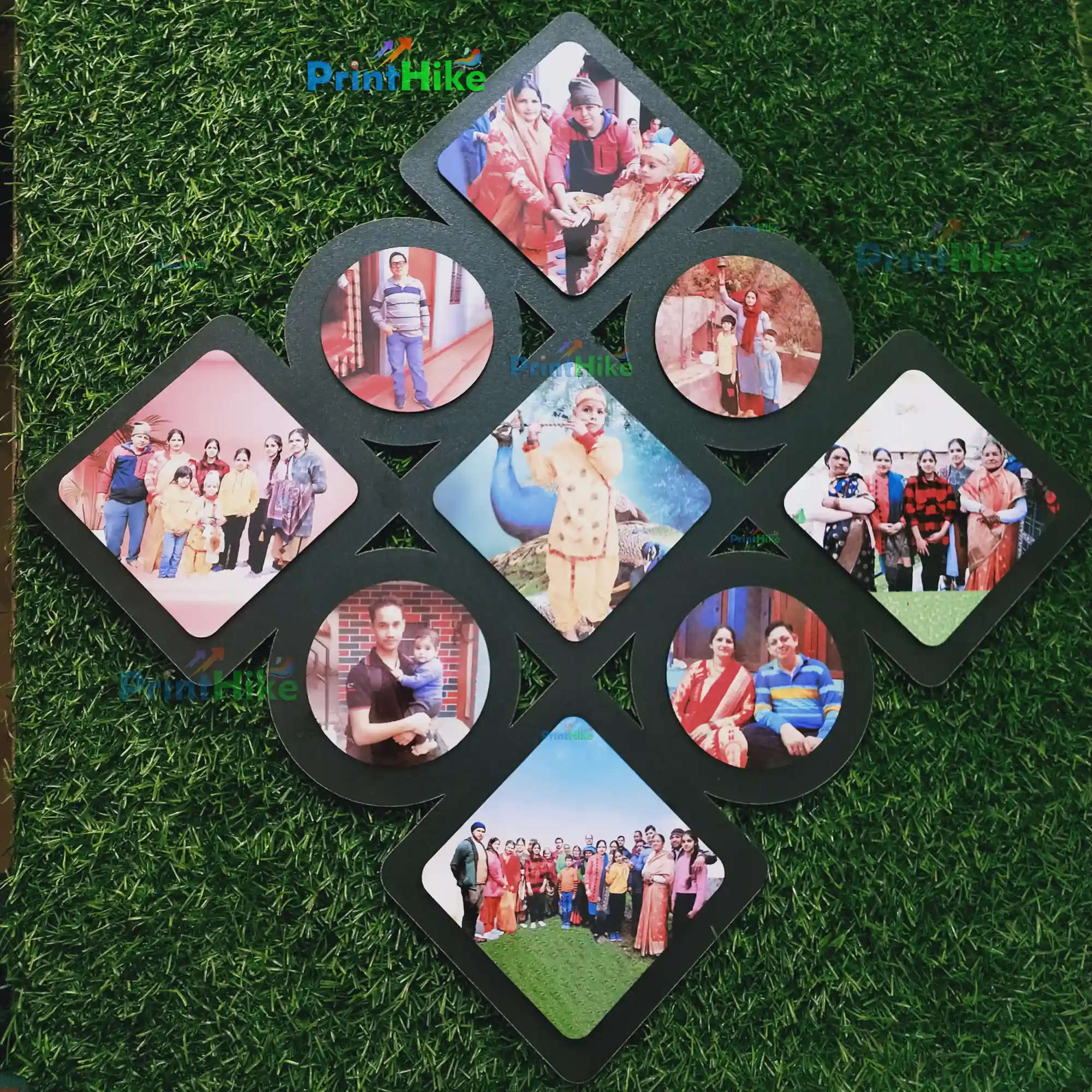 Customized 9-Photo MDF Wooden Frame | 16x16 Square Box in Rotated Diamond Design