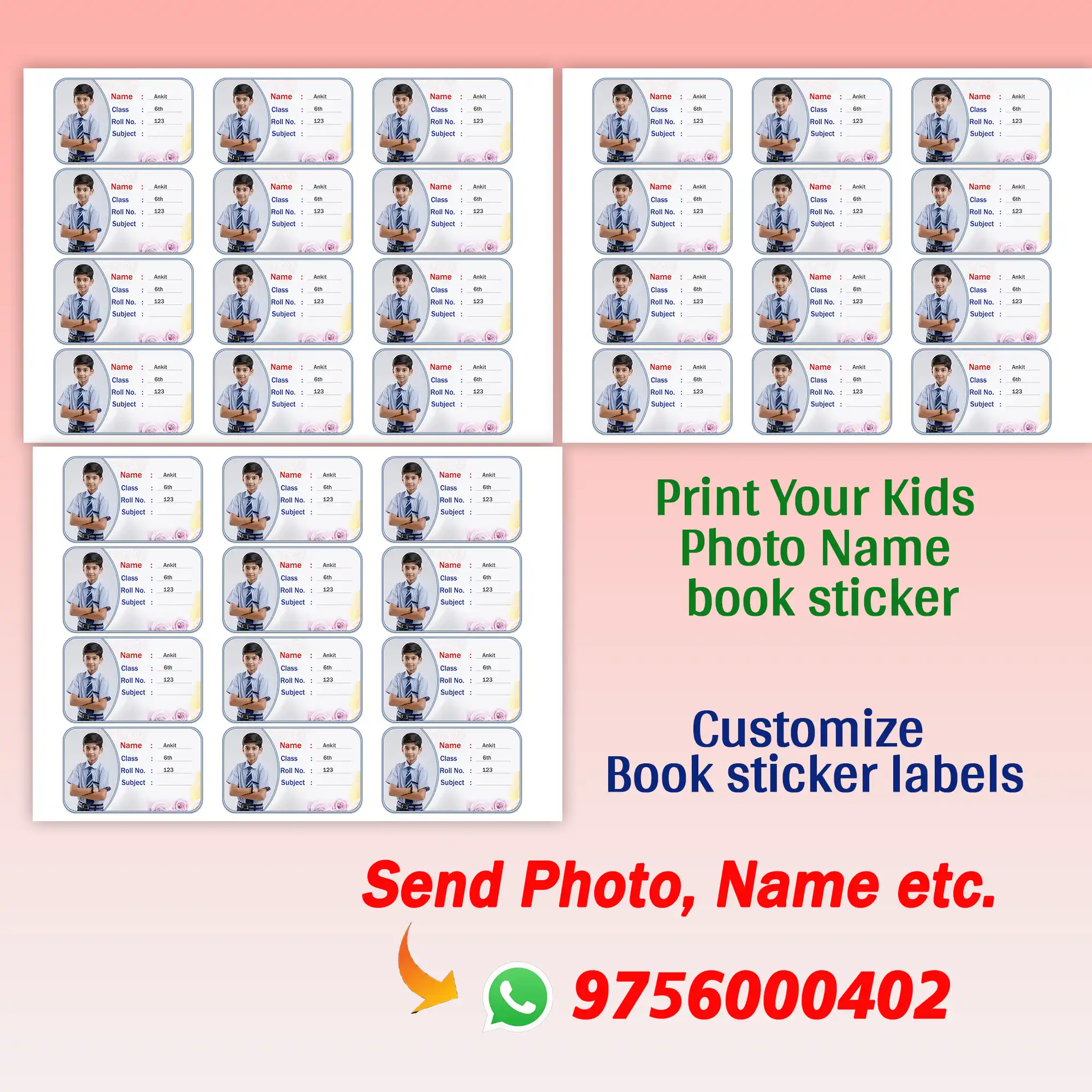Customized Name Slips with Photo – 36 Glossy Stickers Make your school books and belongings stand out with these beautiful, high-quality name slips featuring your photograph. Each pack contains 36 glossy printed slips designed to last and resist everyday wear & tear. Product Highlights / Key Features Double-Sided or Single-Sided (choose as applicable): Add your photo on one side (and name or design on the other) or both sides depending on your preference. Premium Glossy Finish: Shiny, polished look that protects from light damage and gives a premium touch. Vibrant & Durable Print: High-resolution printing ensures your photo and text stay bold and clear. Perfect Size & Pack: You get 36 name slips — ideal for labeling books, notebooks, folders, or binders. Wide Application: Use on school books, diaries, library material, personal folders, stationery, or even gifts. Easy to Apply: Peel & stick — strong adhesive in the back for long-lasting stickiness. Why Our Name Slips Are Ideal for You Prevent mix-ups: In busy classrooms and libraries, labeled items rarely get lost. Compact yet impactful: The photo + name combo helps quick recognition. Uniform look: Especially good for school uniform book bundles. Giftable: Perfect for kids, students, teachers — personalized gifts they’ll love. Reliable materials: Glossy slip resists minor scuffs and retains quality. How It Works Choose your design (you mentioned there are 2 designs) Upload your photo & name (via web upload, email, or WhatsApp) We produce 36 glossy name slips with your photo and name We deliver to your doorstep Peel & stick them on your books or belongings Tips for Best Results Use a clear, high-resolution photo with good lighting Avoid background clutter in the image Keep font size legible (so name is readable even when printed small) Clean surface before sticking to ensure long durability Product Info & Specifications Attribute Details Quantity 36 name slips per pack Print Type Glossy finish Material High-quality sticker card or vinyl (as per your material) Design Options 2 design templates available Usage Books, notebooks, stationery, gifts Custom Input Photo + Name / Text / Design